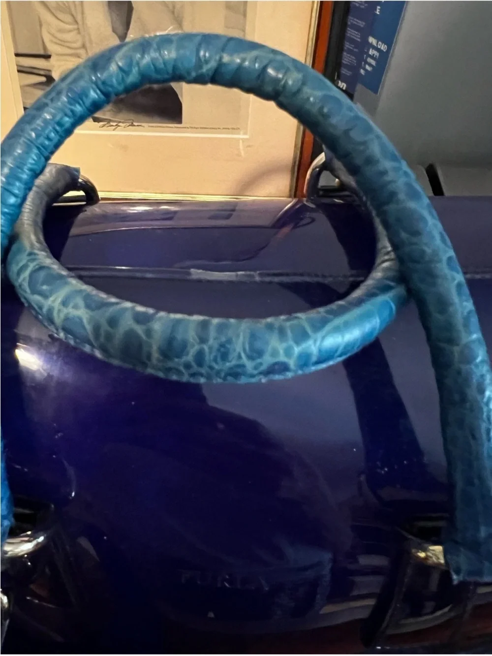 Furla Patent Dome Satchel in Deep Blue with Teal Trim